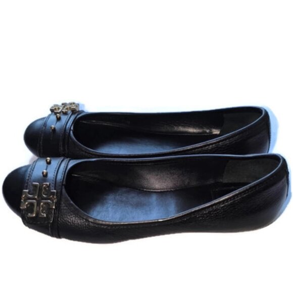 TORY BURCH SHOES FLATS Elina Ballet Flat Logo Black Leather 7.5 - Picture 3 of 13